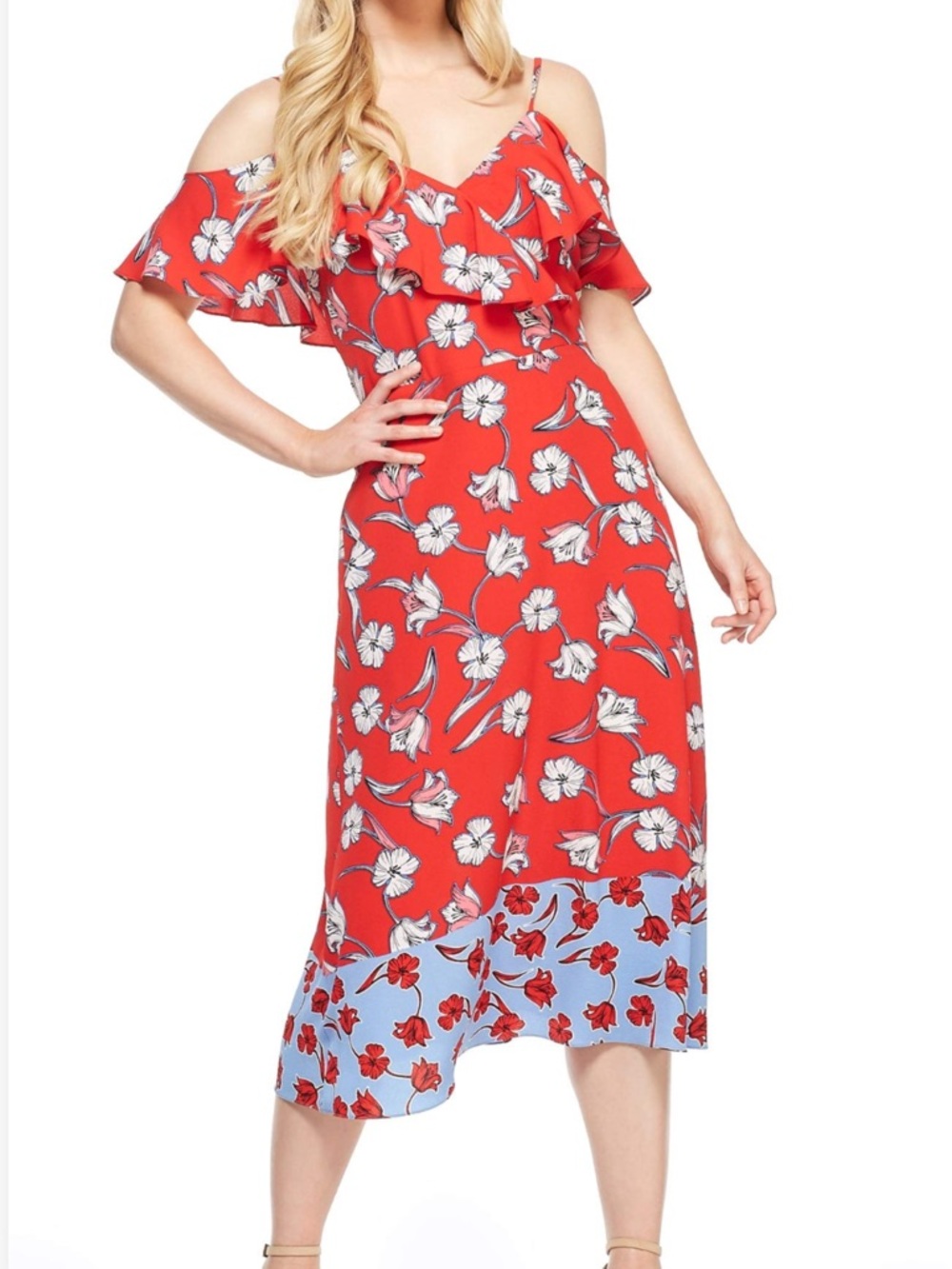 London Times Red Floral Midi Dress with Blue Border